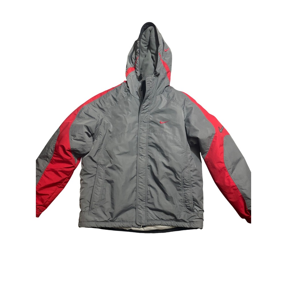 Vintage Nike Puffer Coat Mens XL Gray Red Colorblock Hooded Big Swoosh Y2K